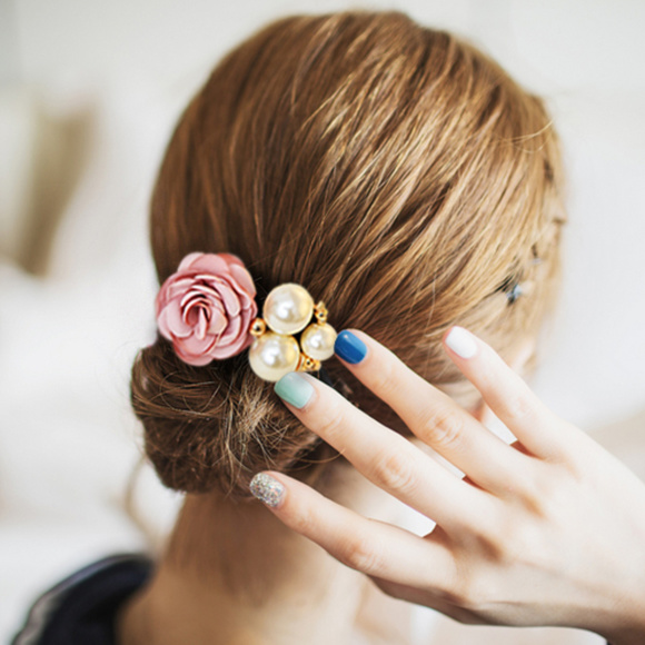 Accessories - NEW 2pc pink&blue silk flower pearls hair ties